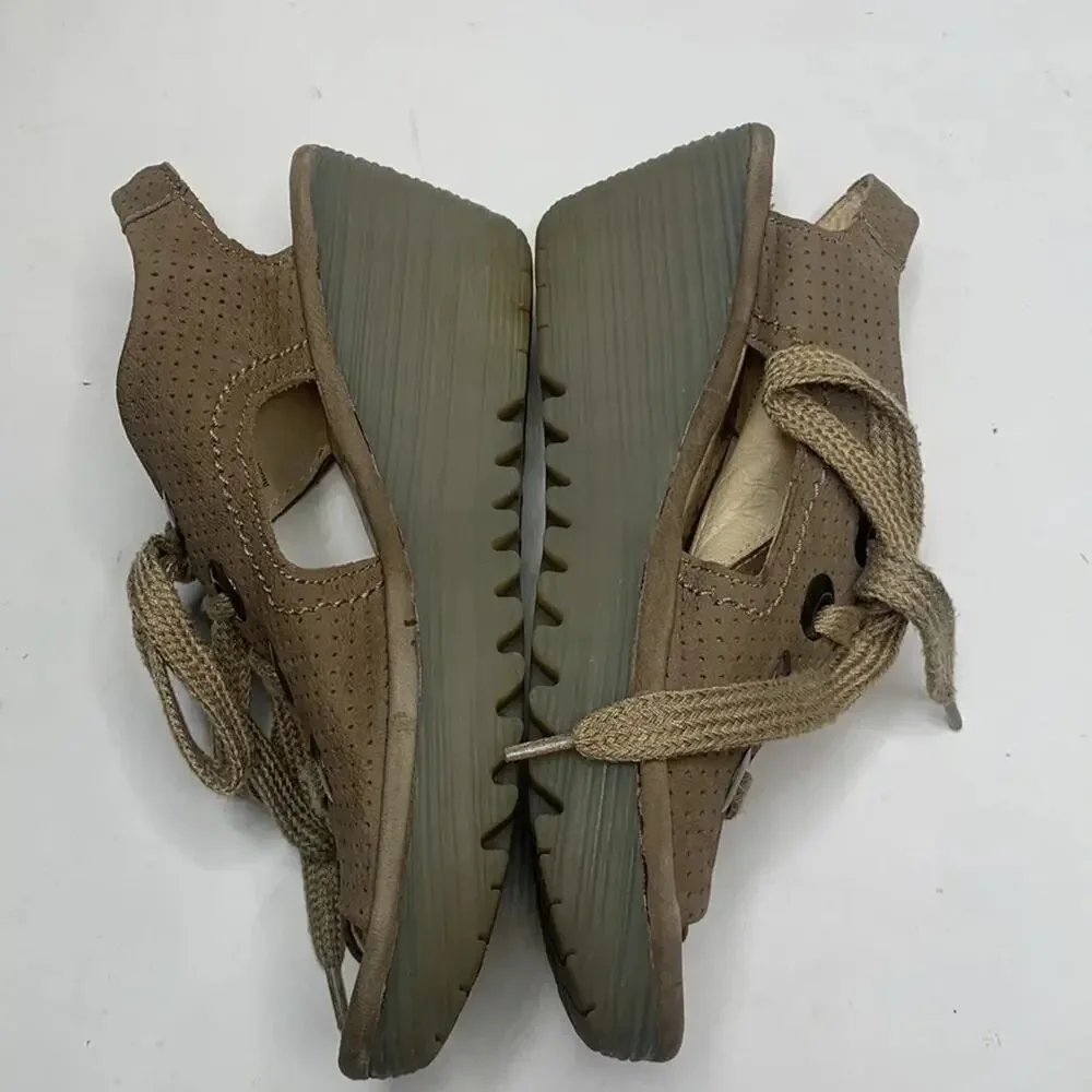 Fly London Yiva Perforated Taupe Lace Up Wedge Sandals S-055 Sz 40 EU / 9-9.5 US